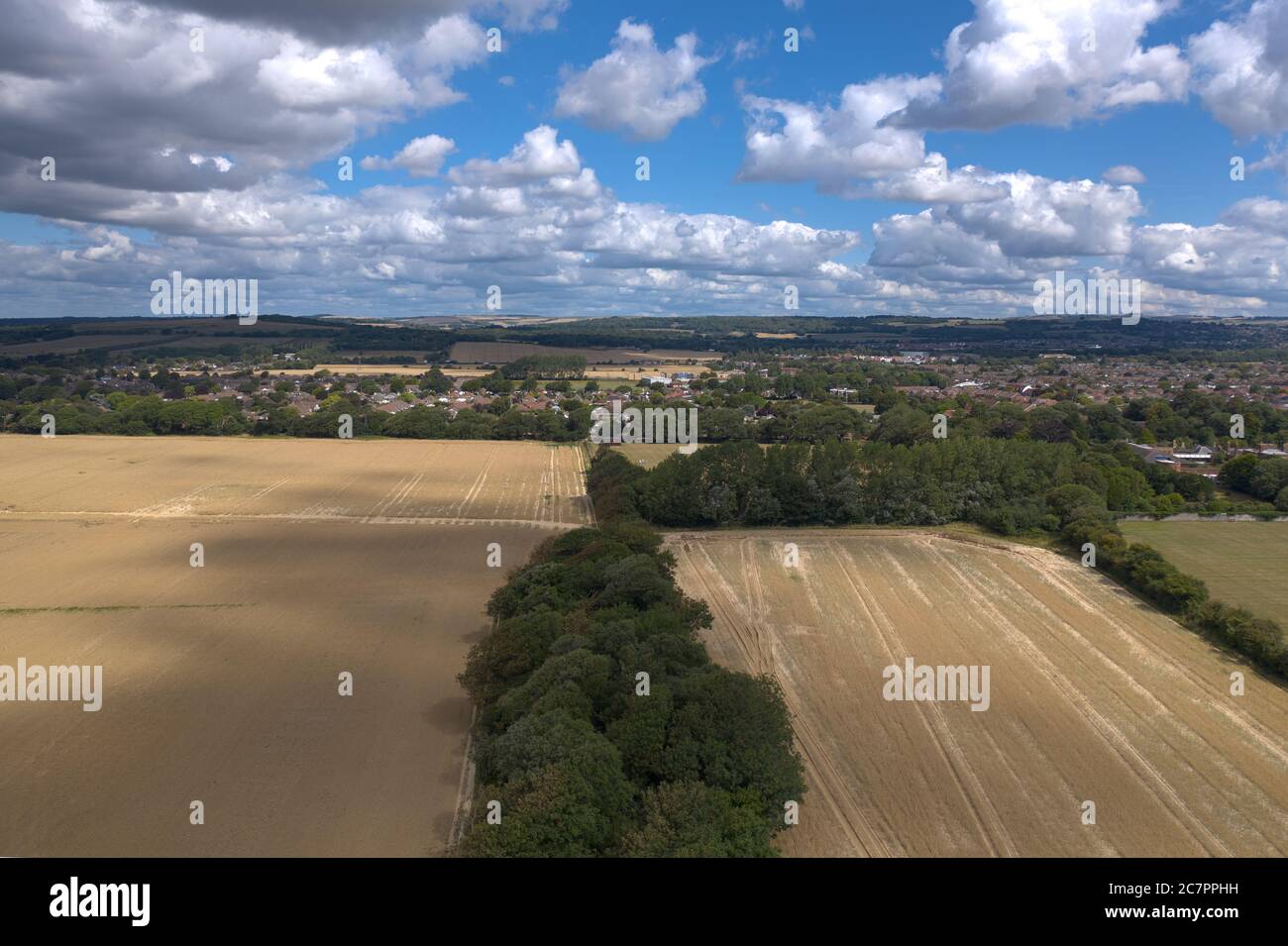 Luftaufnahme von der Südküste Englands genannt Goring Gap Blick auf die South Downs an einem schönen Sommertag. Stockfoto