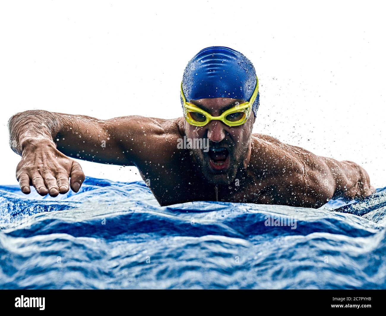 Eine kaukasische Mannsportschwimmerin, die Silhouette schwimmt, isoliert auf weißem Hintergrund Stockfoto