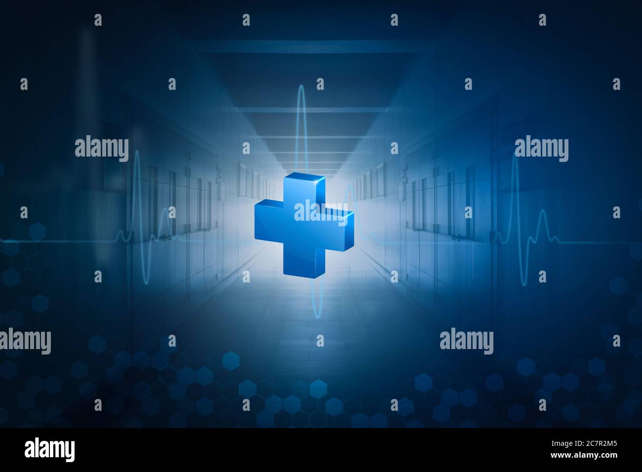 Plus Zeichen auf Gehweg im Krankenhaus Hintergrund. Symbol für Gesundheit und Medizin. Stockfoto