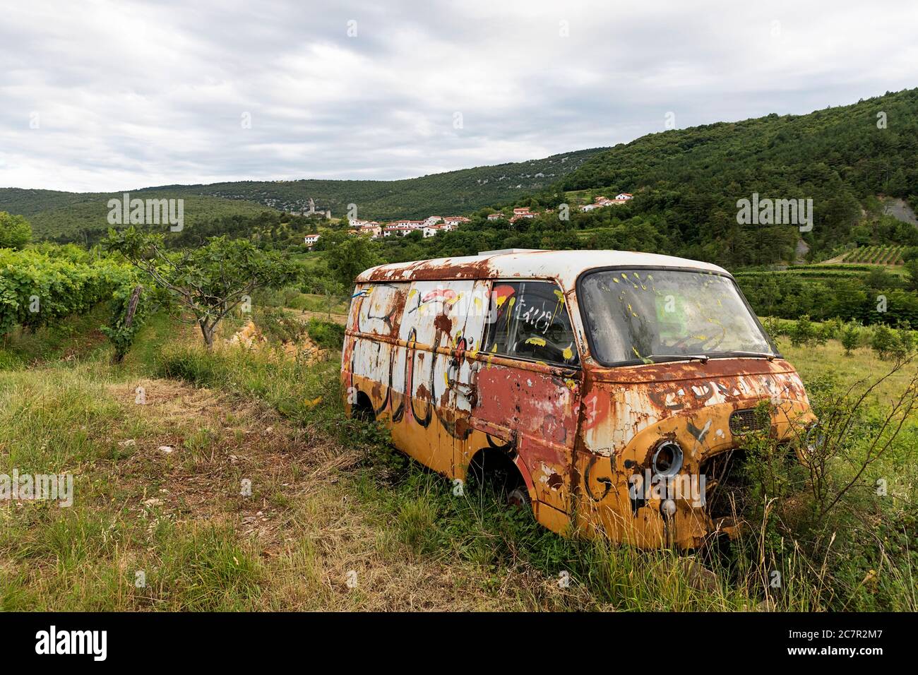 Historischer Van im Feld bei Hrastovlje, Slowenien Stockfoto