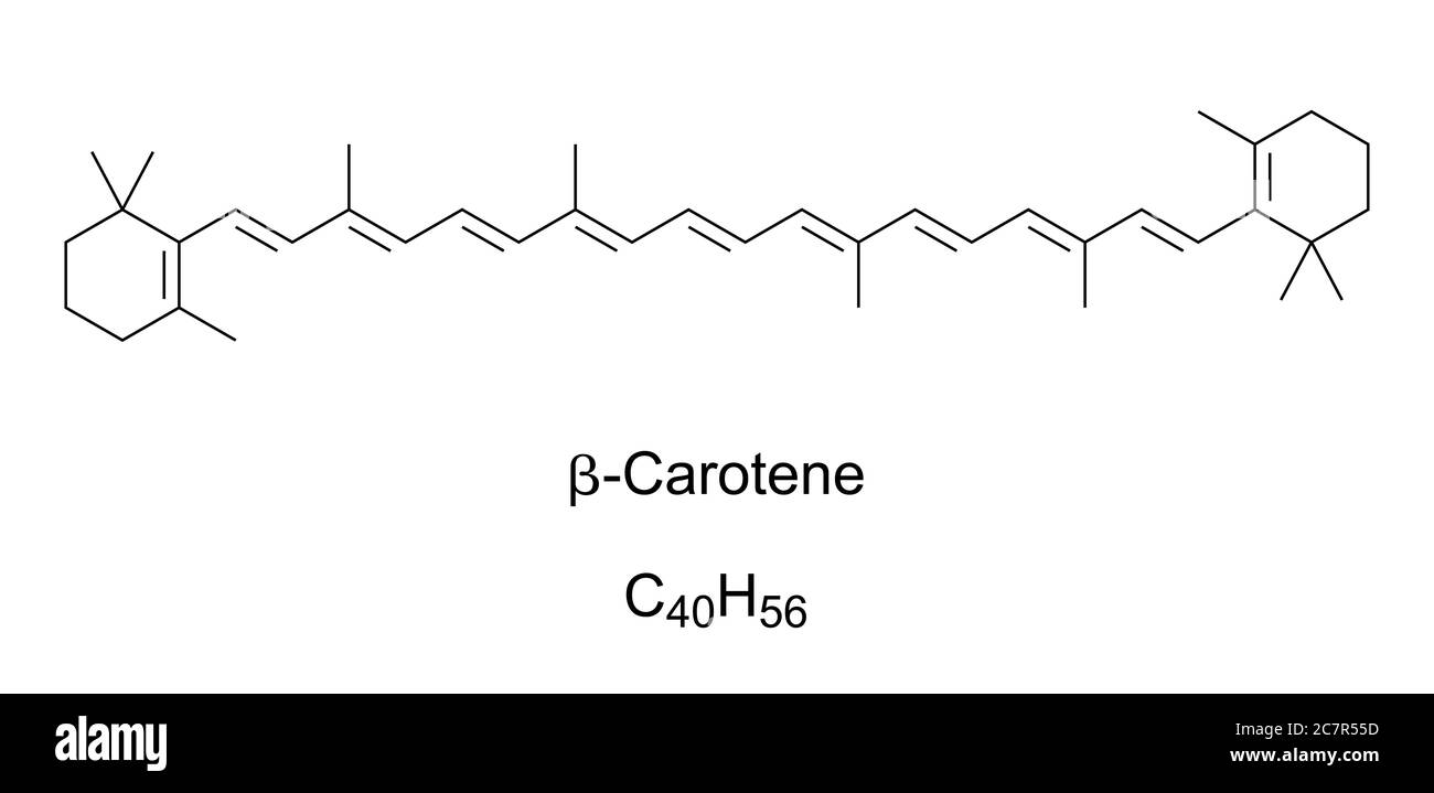 Beta-Carotin, chemische Struktur. Organisches, stark gefärbtes rot-oranges Pigment in Pilzen, Pflanzen und Früchten. Häufigste Form von Carotinen in Pflanzen. Stockfoto
