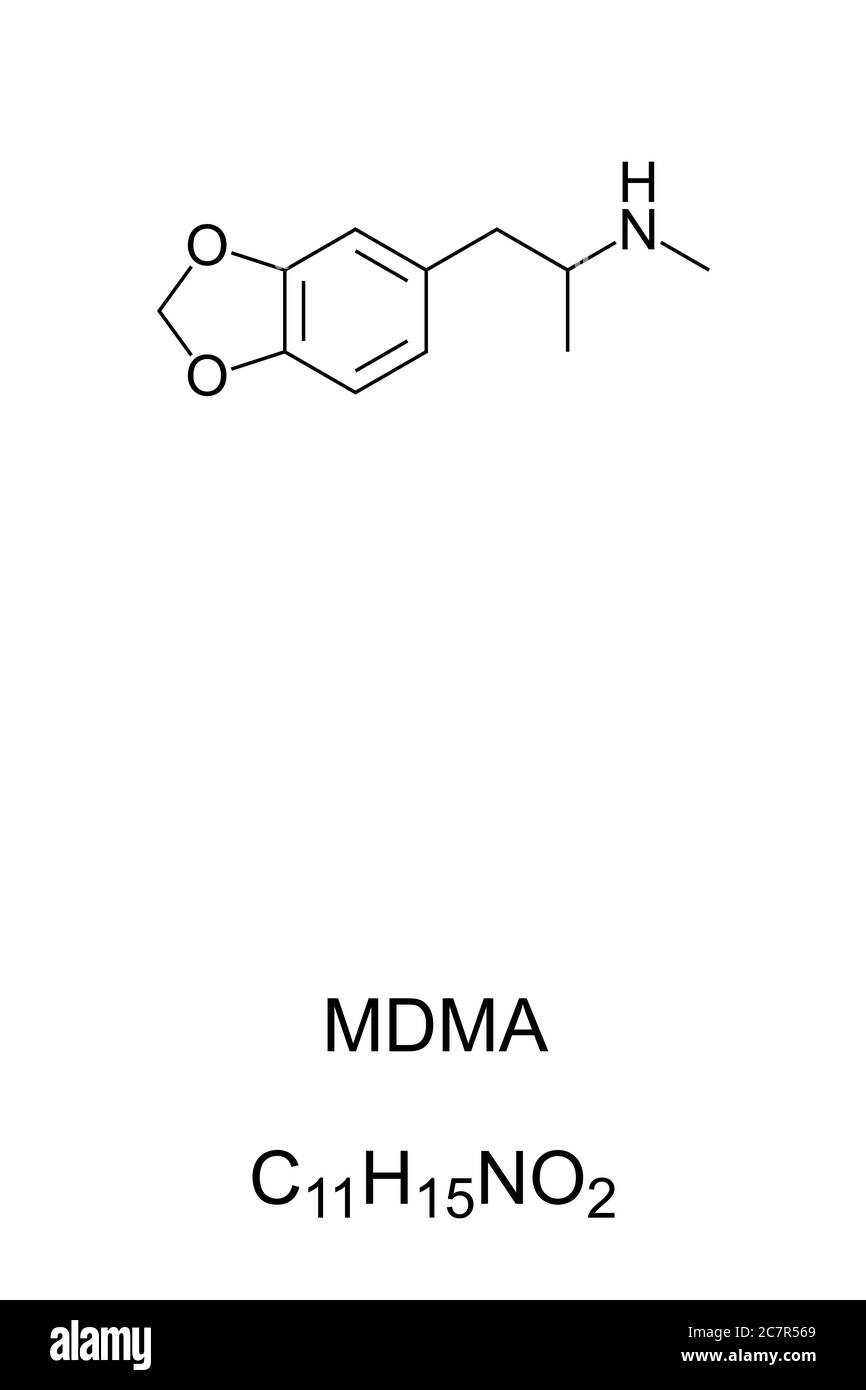 MDMA, Ecstasy, E oder molly, chemische Struktur und Formel. Illegale psychoaktive Droge für Erholungszwecke verwendet, aber mit schlechten Nebenwirkungen. Stockfoto