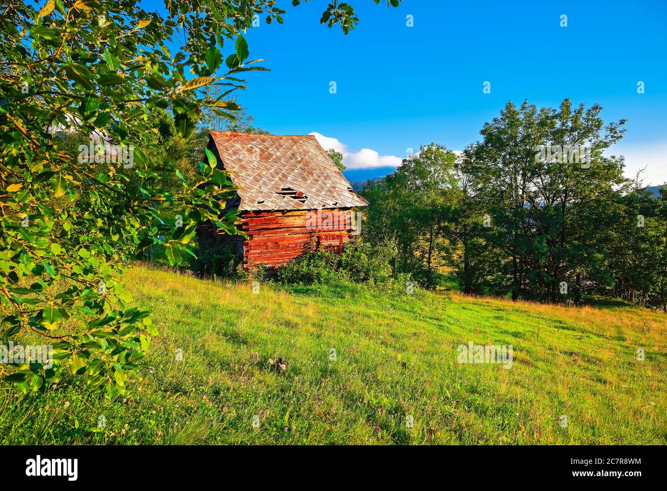 Majestätische Landschaft mit bewaldeten Hügeln und Wiesen in den Bergen. Malerische Aussicht in der Nähe von rumänischen Dorf Rogojel von Cluj County, Ro Stockfoto