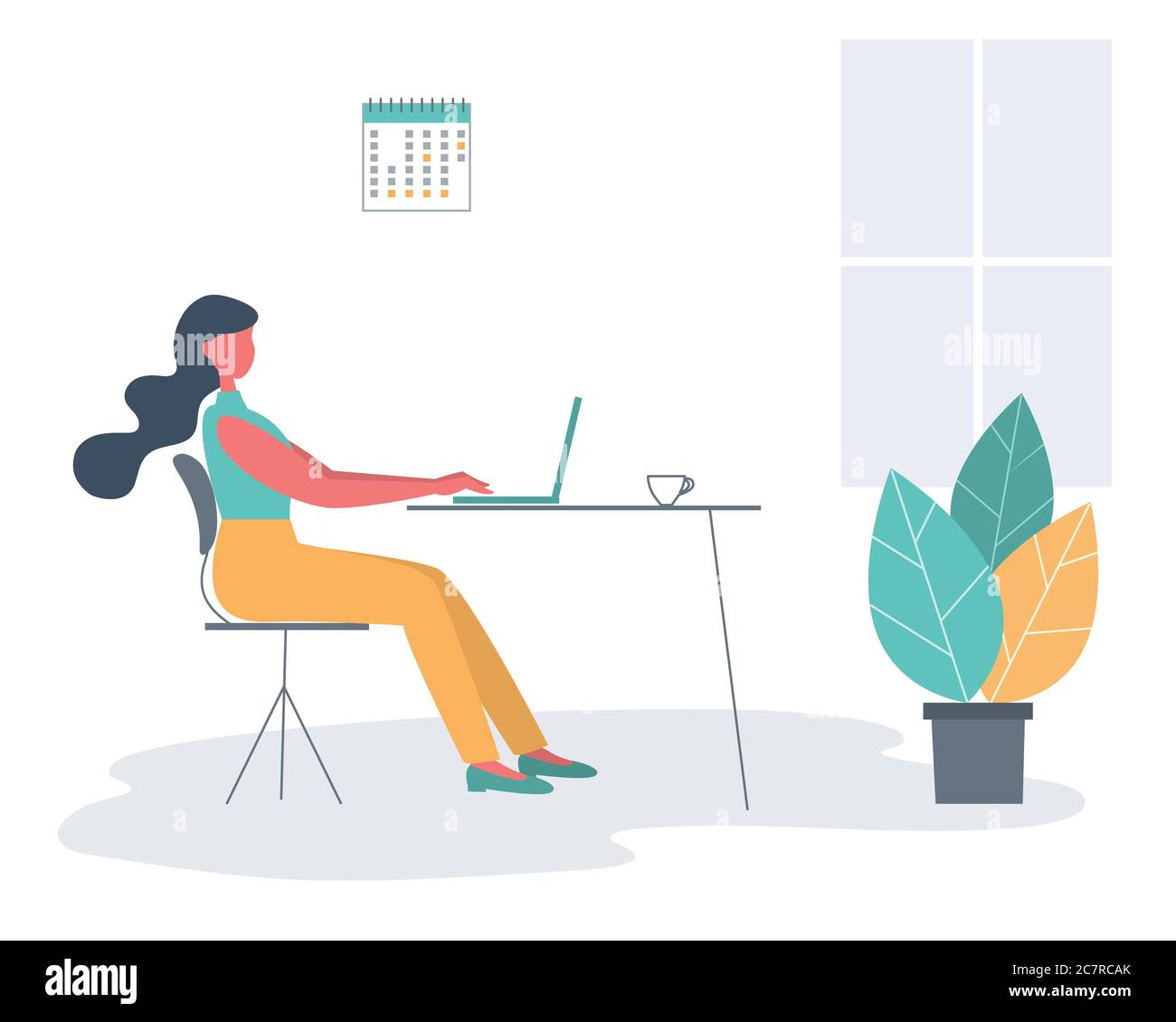 Büroangestellte am Arbeitsplatz. Junge Frau sitzt am Schreibtisch im Bürozimmer. Business-Symbol. Es gibt einen Laptop, eine Tasse, einen Kalender und eine Blume Stock Vektor