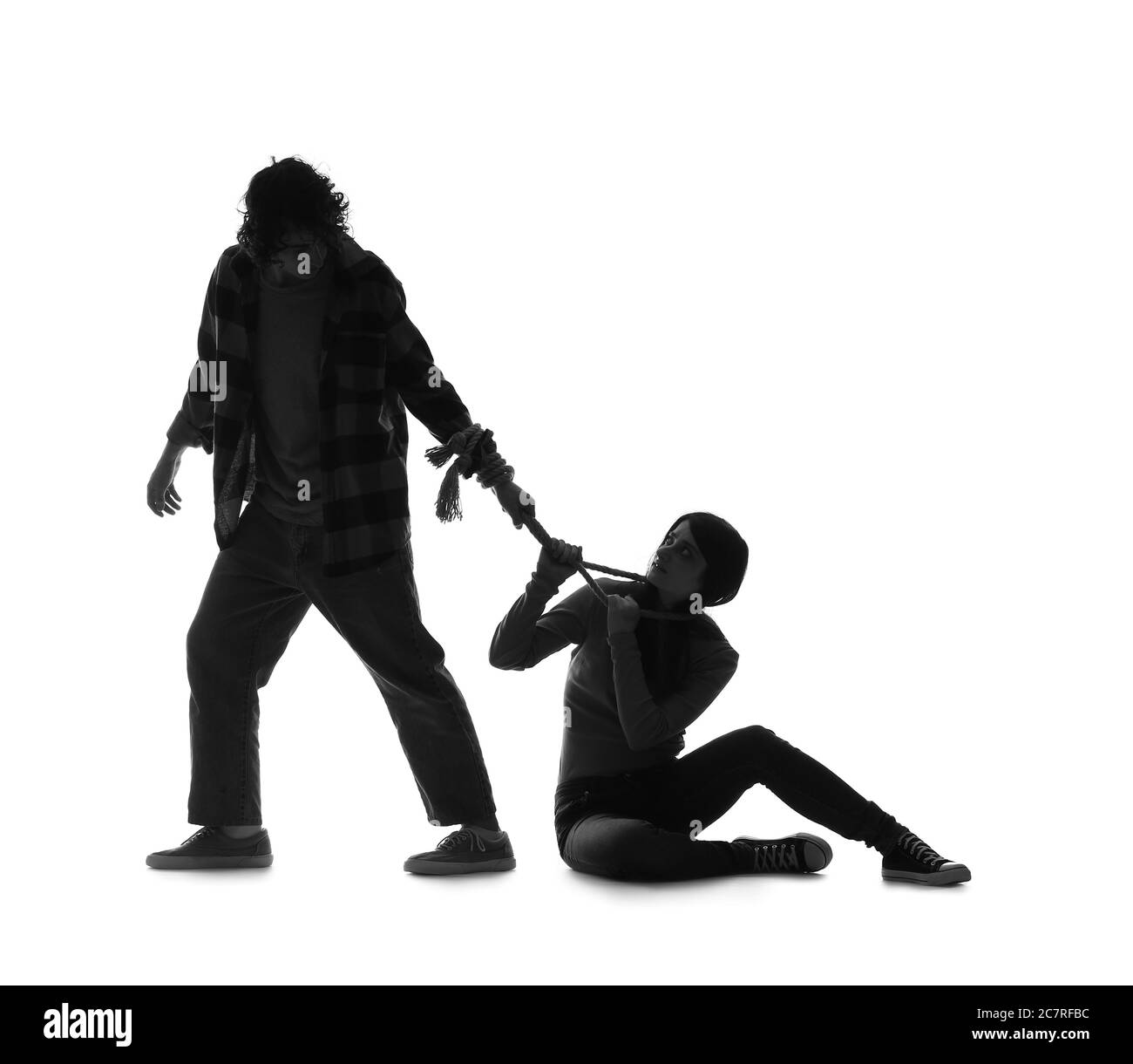 Silhouette von Maniac und sein Opfer auf weißem Hintergrund Stockfoto