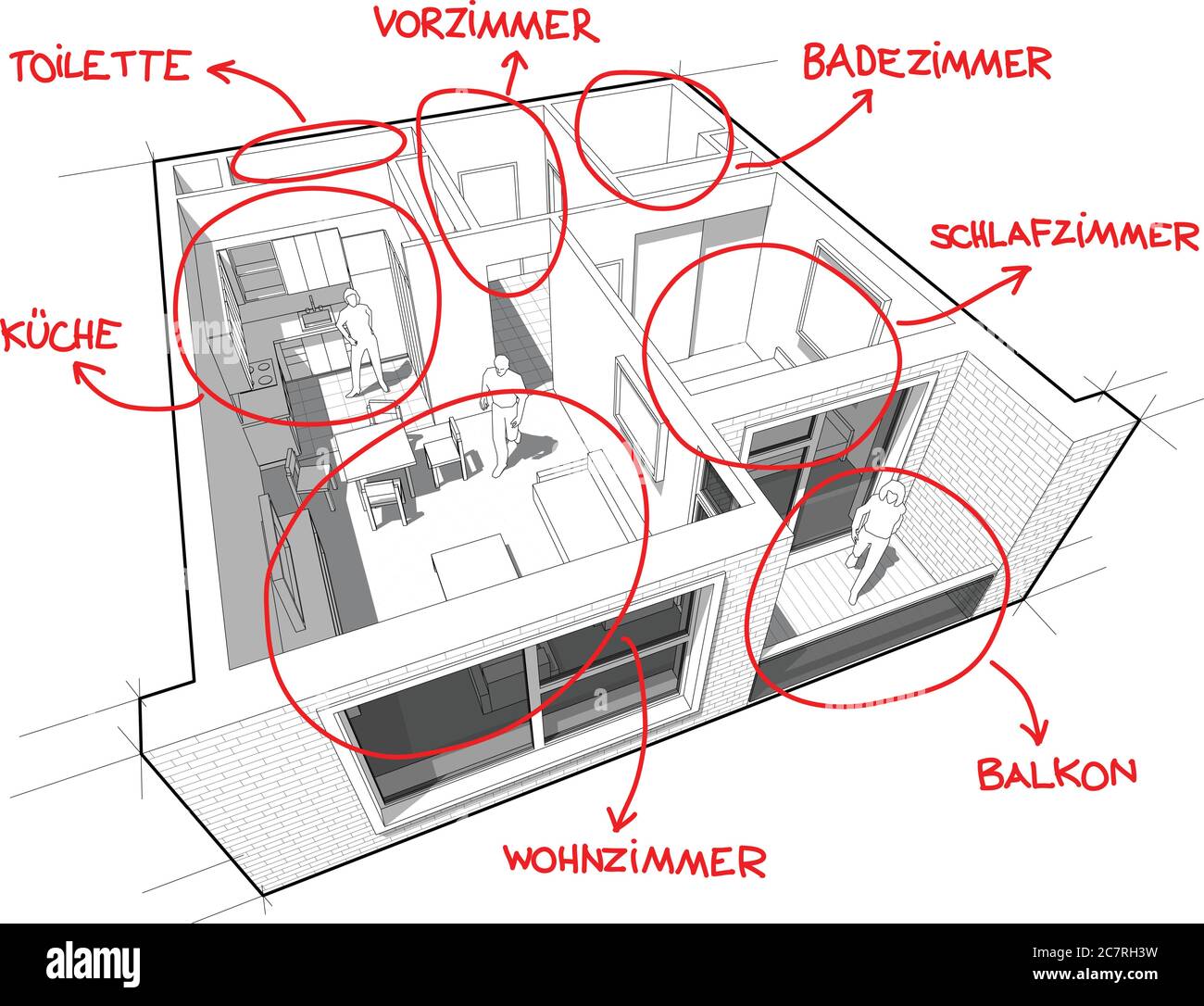 Perspektivisch abgeschnittenes Diagramm einer ein-Zimmer-Wohnung komplett mit rot gezeichneten Raumdefinitionen darüber IN DEUTSCHER SPRACHE eingerichtet Stock Vektor