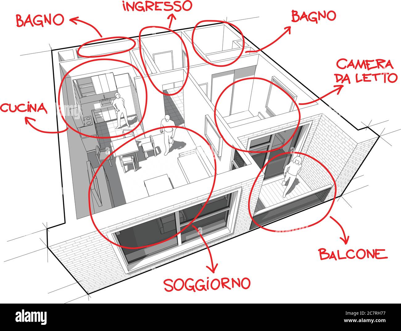 Perspektivisches weggeschnittenes Diagramm einer Wohnung mit einem Schlafzimmer, komplett mit roten, handgezeichneten Raumdefinitionen in ITALIENISCHER SPRACHE eingerichtet Stock Vektor