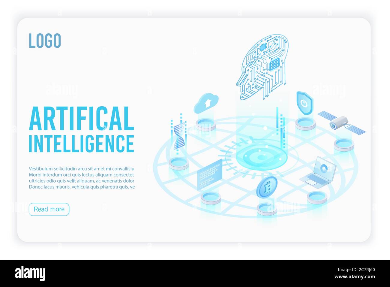 Isometrische Vektorvorlage für die Landing Page für künstliche Intelligenz. Kopf mit 3D-Abbildung der Leiterplatte. Zukunftsweisende Innovation, Cloud-Computing-Server. Rechenzentrum, Datenbank Website Homepage 3d Layout Stock Vektor