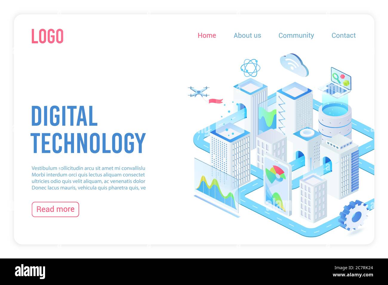 Digitale Technologie Landing Page isometrische Vektor-Vorlage. Internet der Dinge, Cloud Computing Service 3d Web-Banner-Konzept. Smart City, Telekommunikation, Datensynchronisation Homepage Stock Vektor