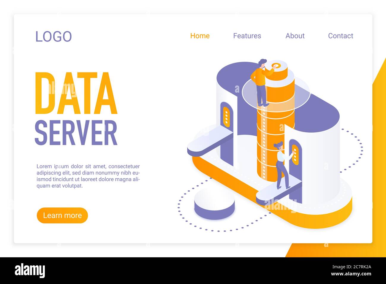 Isometric Vector Template für die Zielseite des Datenservers. Computer-Informationen Speicher, Hardware-Ausrüstung Web-Banner 3d-Layout. Rechenzentrum, Datenbank, Internet Hosting Website Homepage Design Stock Vektor