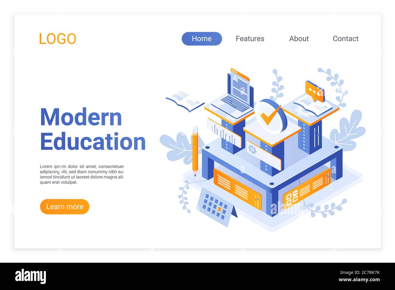 Moderne isometrische Landing Page-Vorlage für den Bildungsbereich. Verwendung von Computertechnologien in Studien. E-Learning, Fernschulungsmöglichkeiten. Innovative Lehre Ansatz Website Seite Design Layout. Stock Vektor