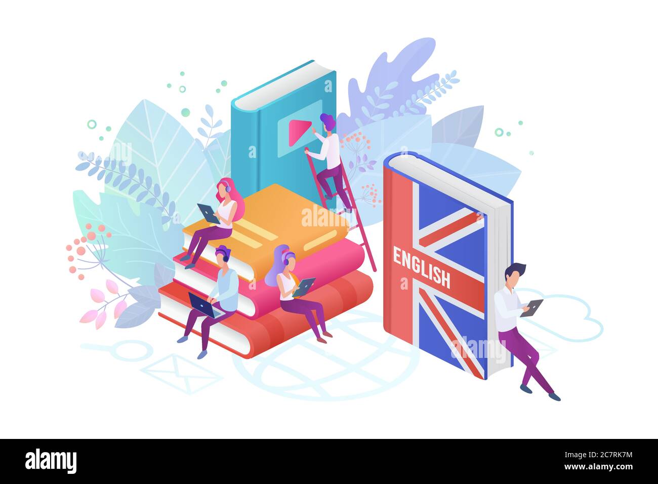 Studenten lernen Englisch isometrische Vektor Illustration. Schüler Bücher lesen 3d-Zeichentrickfiguren. Verwendung von Hightech-Gadgets für den Unterricht von Fremdsprachen. Fernunterricht, Online-Lernkonzept. Stock Vektor