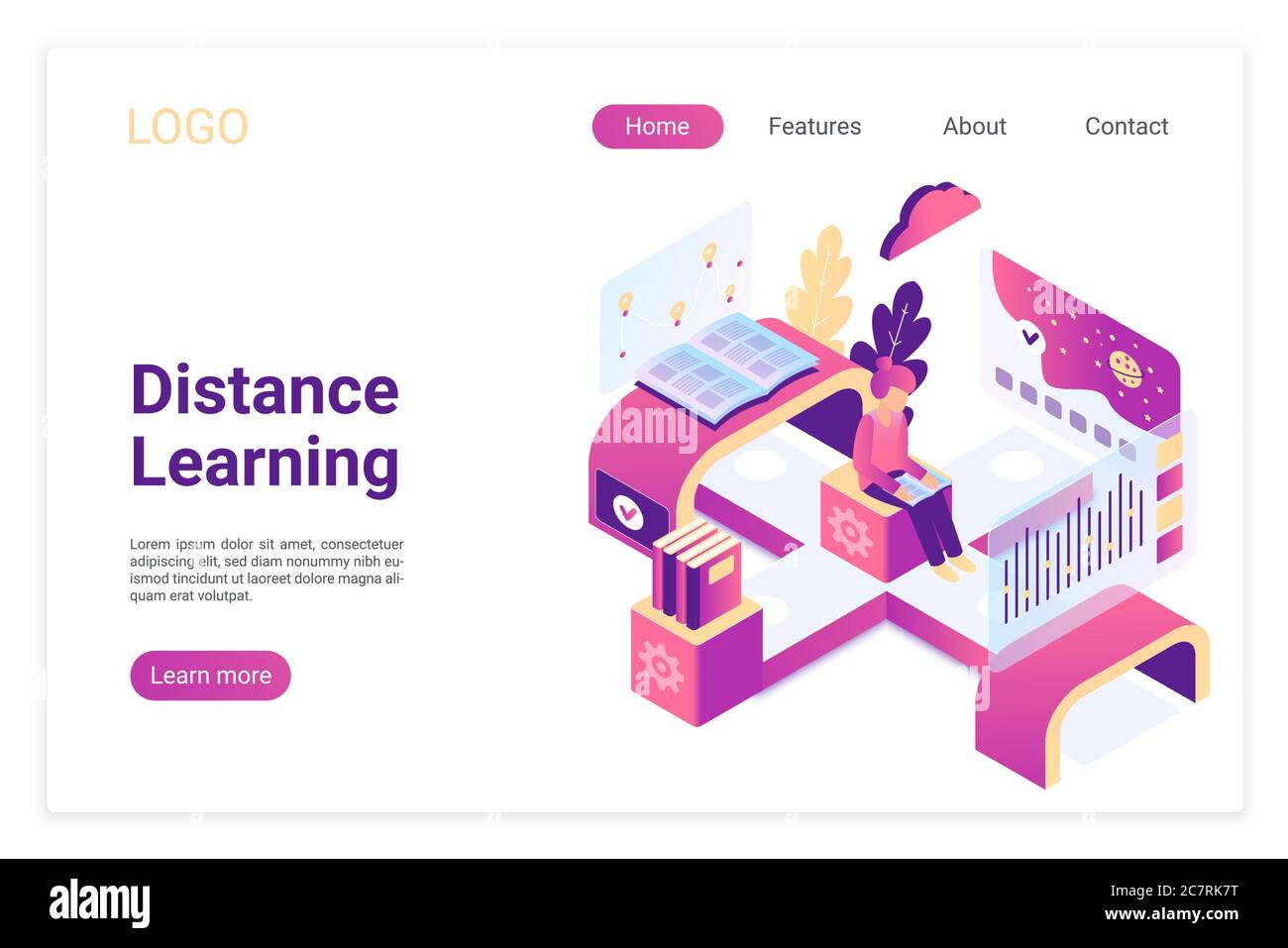 Vorlage für isometrische Landing Page für Fernunterricht. Globaler Zugang zu moderner Bildung mit digitalen Technologien. Schüler lesen Tutorial, Buch. E-Learning-Anwendung Website-Seite Design Layout. Stock Vektor