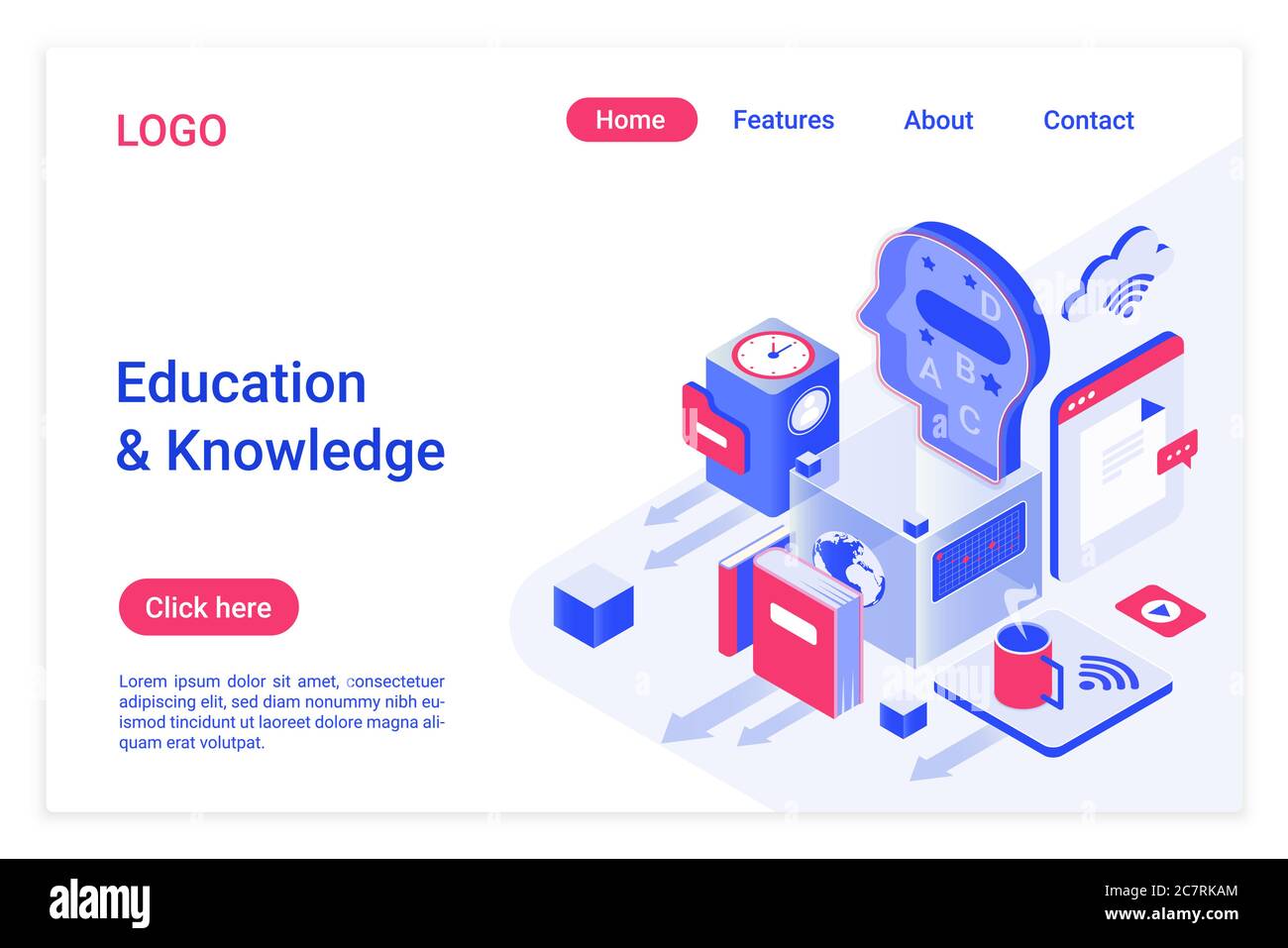 Vorlage für isometrische Landing Page für Bildung und Wissen. E-Learning mit modernen digitalen Technologien, Cloud-Services. Selbstbildungs-Konzept. Selbststudium, Prüfungsvorbereitung Website-Seite Design Layout Stock Vektor