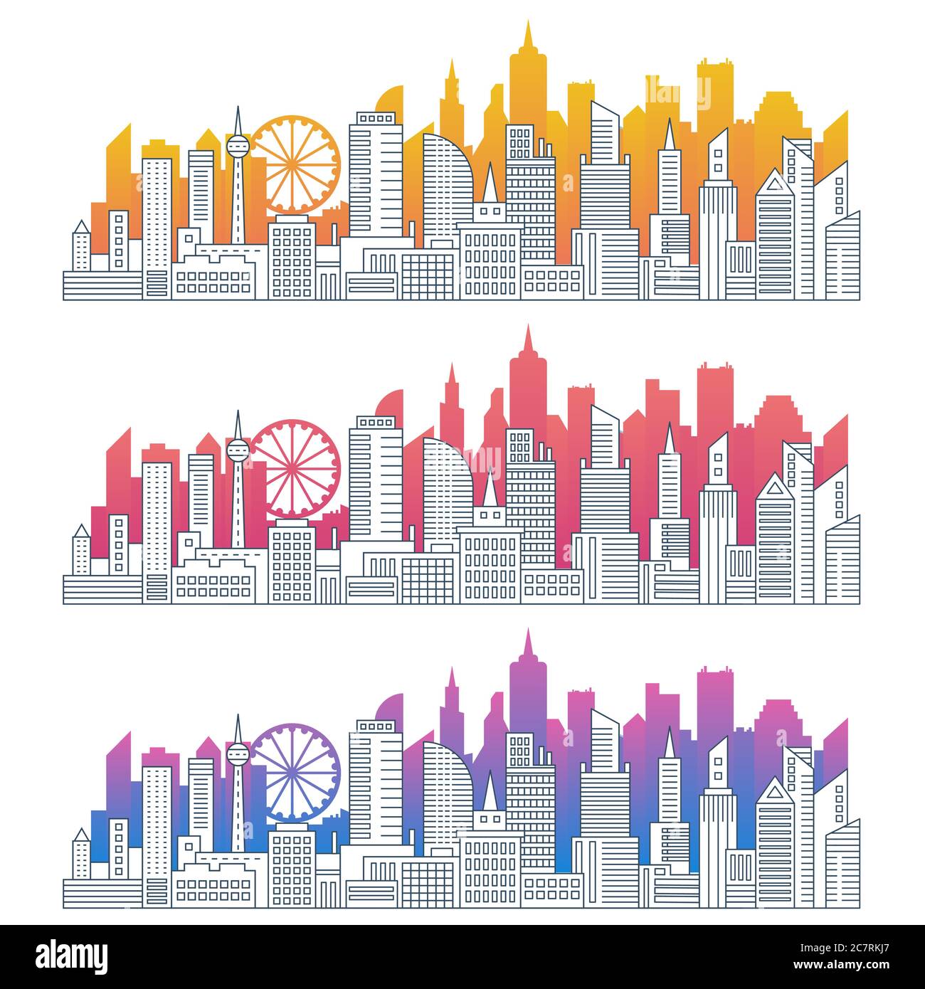 Moderne Stadtlandschaft skizzieren Vektor-Illustrationen Set. Stadtzentrum, Innenstadt-Wohngebäude und Wolkenkratzer linear isoliert Cliparts Pack. City Skyline Farbverlauf Silhouetten Kollektion Stock Vektor