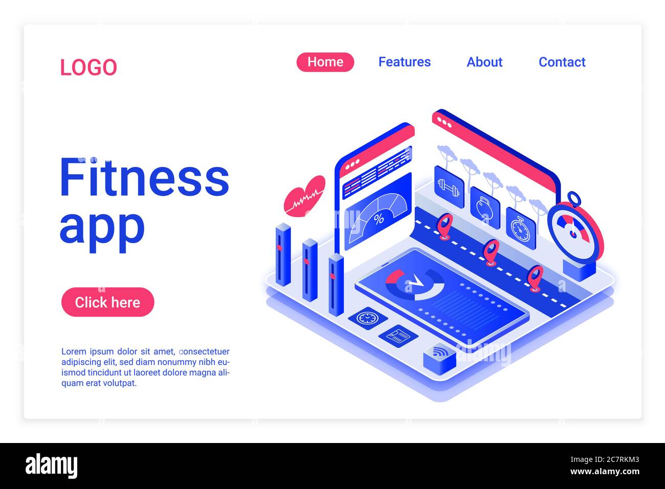 Vorlage für isometrische Landing Page der Fitness-App. Gesunde Lebensweise mobile Assistent Werbe-Web-Banner. Body Training und Workout, Herzfrequenz-Überwachung Software Website-Seite Design Layout. Stock Vektor