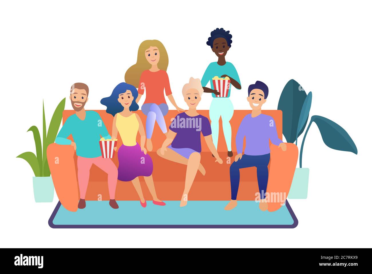 Glückliche Freunde Fernsehen zusammen sitzen auf der Couch zu Hause isoliert Vektor-Illustration. Gruppe von Menschen, die Fernsehen Stock Vektor