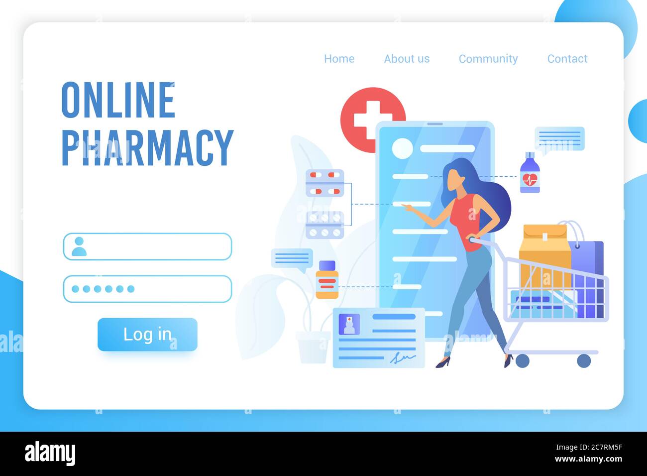 Online-Apotheke flache Vektor Landing Page Vorlage. Drugstore Internet Bestellung Lieferung Website Homepage Konzept. Käufer Kauf Medikamente und Medikamente online Web-Banner Cartoon-Layout Stock Vektor