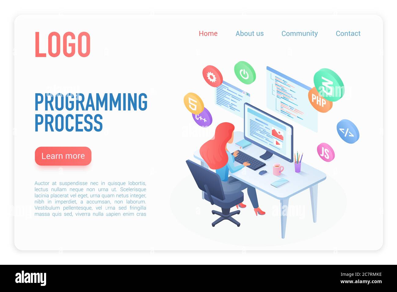 Isometrische Vektorvorlage für die Landing Page des Programmiervorgangs. Software-Entwicklung 3d-Konzept. Weibliche Coder, Programmierer Kurse. Digitale Technologie. Informatik, IT-Industrie Website Homepage Layout Stock Vektor