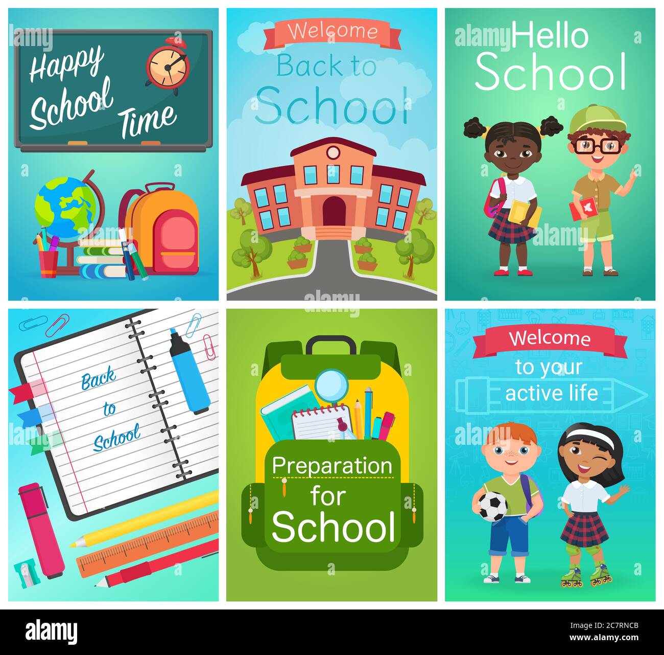 Zurück zu Schulkarten Design-Set, Schüler Kinder, Schulbedarf Ausrüstung. Vektorgrafik für Bildungsvorlagen Stock Vektor