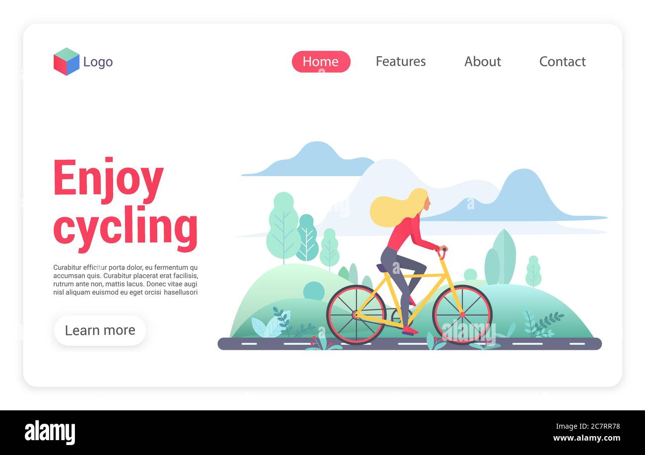 Genießen Radsport Vektor Landing Page Vorlage. Mountain Biking Website Design Layout. Sport Lifestyle, nützliche Aktivitäten Web-Seite Konzept. Umweltfreundliche, umweltfreundliche Transportwebseite Stock Vektor