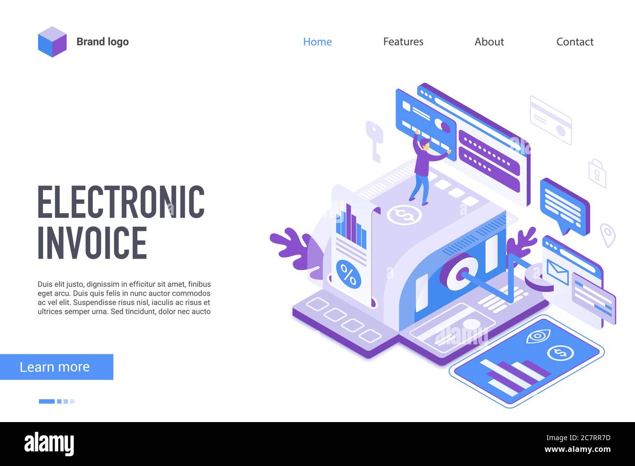 Vektorvorlage für elektronische Rechnungen auf der Landing Page. Internet-Banking, e Rechnungsstellung Website Homepage-Interface-Layout mit isometrischer Illustration. Steuern bezahlen Online-Webbanner, Webseite 3D-Konzept Stock Vektor