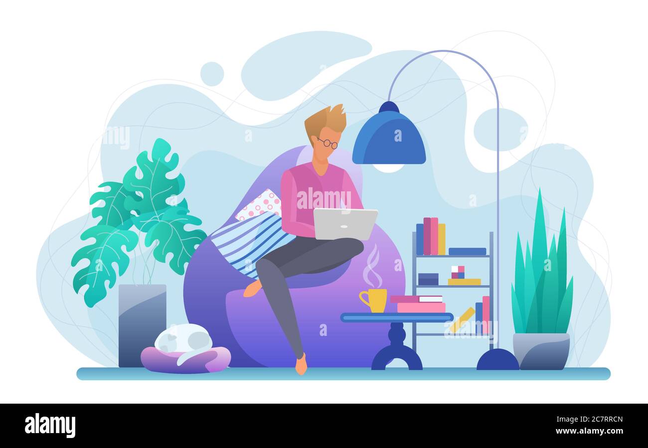 Kerl arbeiten mit Laptop flache Vektor-Illustration. Junge Freiberufler, Student mit Computer-Zeichentrickfigur. Online-Geschäft, Internet-Freizeit. Fernarbeit, Fernausbildung, freiberuflich, Outsourcing Stock Vektor