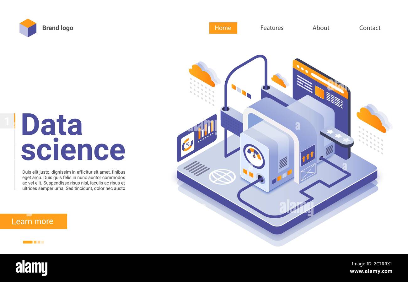 Data Science isometrische Landing Page-Vektorvorlage. Cloud Computing Website Design Layout. Online-Datenspeicher Technologien Webseite 3d-Konzept. Automatisierte Webanalyse-Webseitenoberfläche Stock Vektor