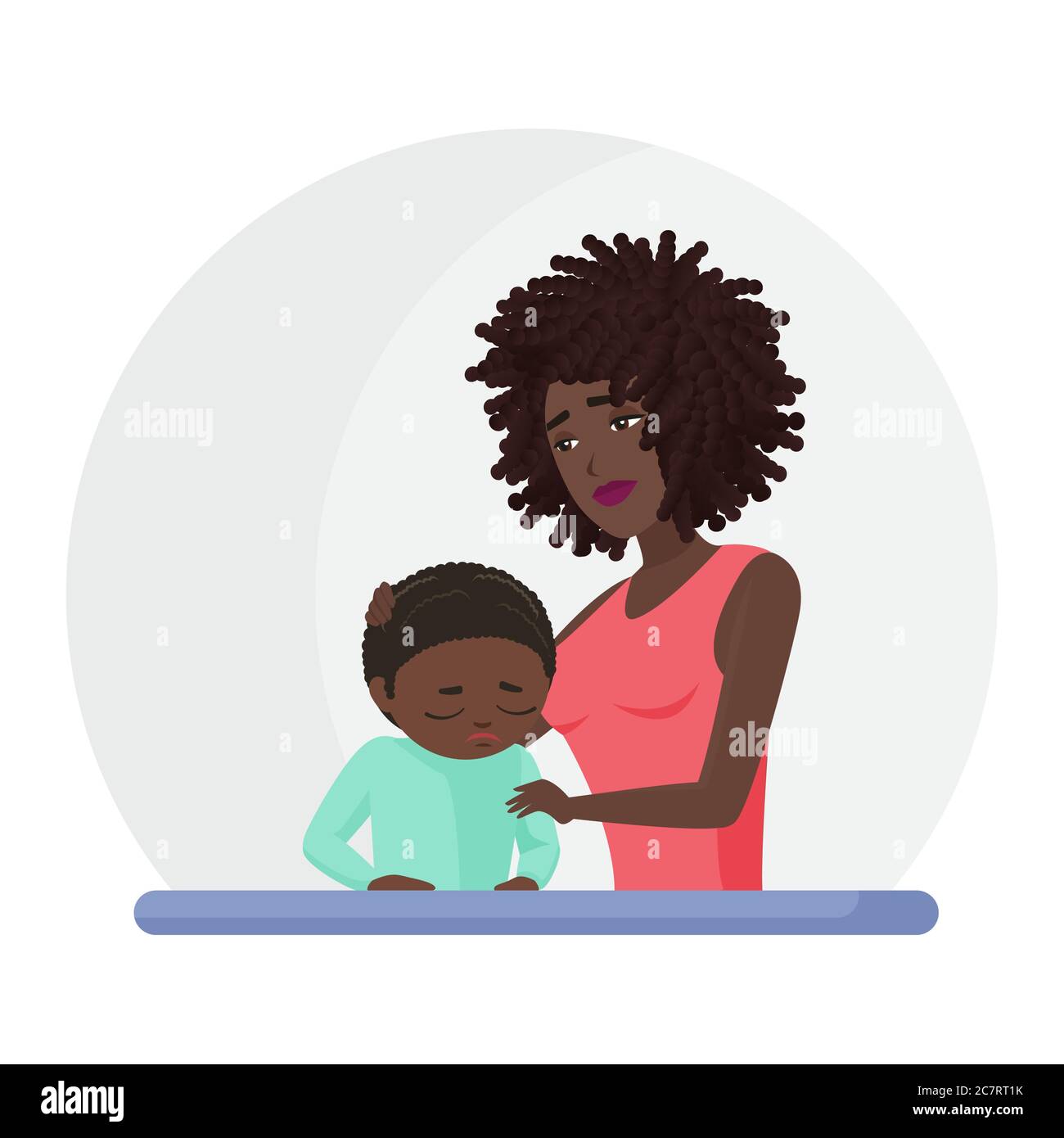 afroamerikanische schwarze Mutter Unterstützung weinende kleine Sohn flache Vektor-Illustration. Psychische Störung, Psychotherapie Konzept. Mama Trost traurig Junge Cartoon-Figuren. Frau tröstend verärgert Kind Stock Vektor