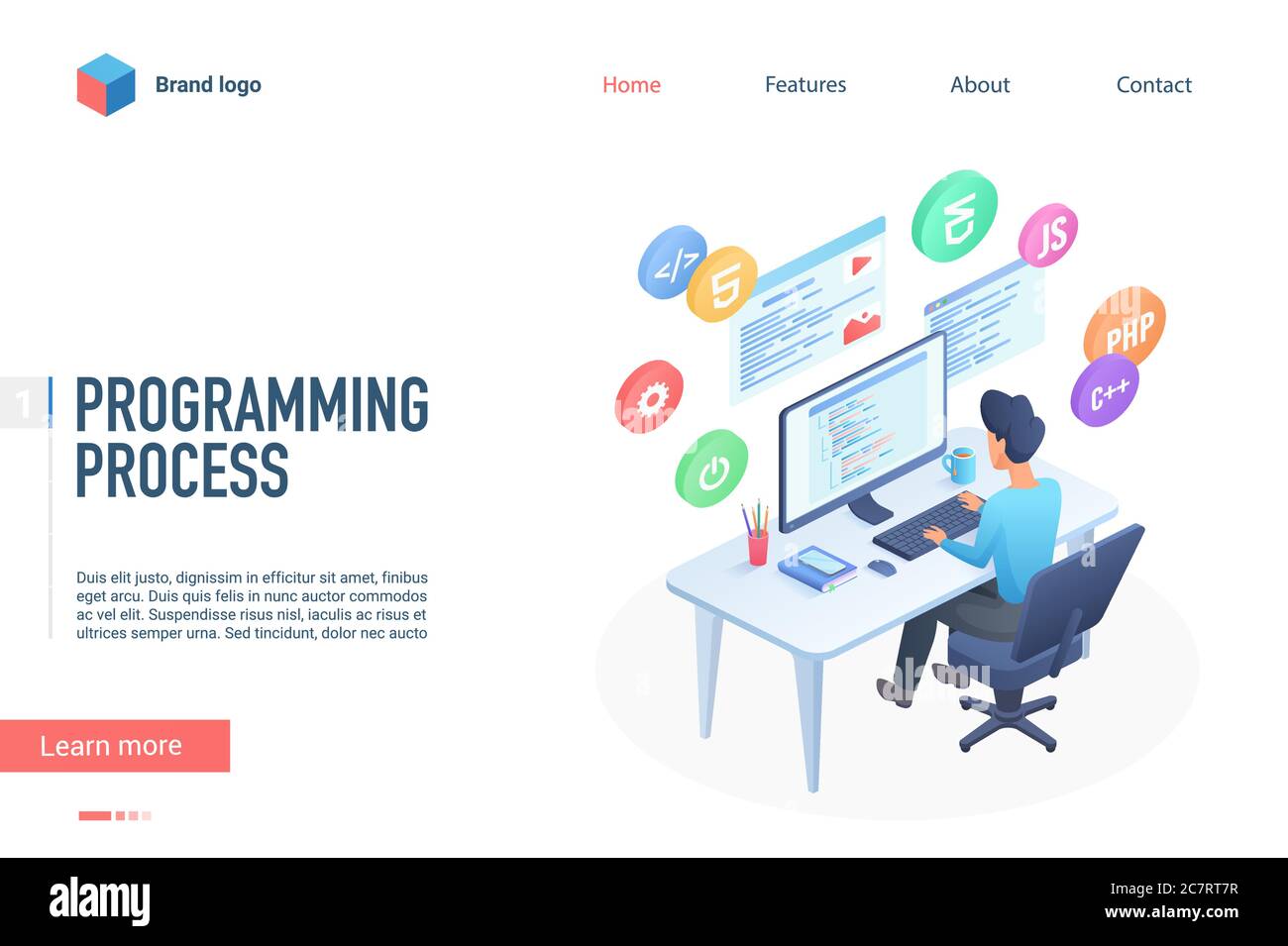 Vektorvorlage für die Landing Page des Programmierprozesses. Software Engineering Website Homepage Interface Layout mit isometrischer Illustration. Programm Entwicklung Bildung Web-Banner, Webseite 3D-Konzept Stock Vektor