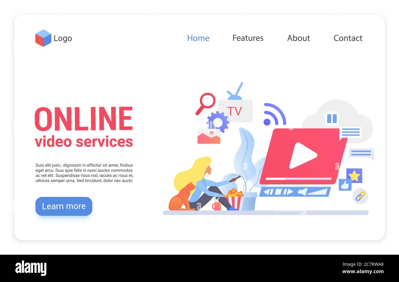 Online Video Service Flat Vector Landing Page Vorlage. Internet-Filme Hosting Website Homepage Layout. Frau Fernsehen zu Hause Cartoon-Figur. Streaming Video vlog, Blog Web Banner Design Stock Vektor