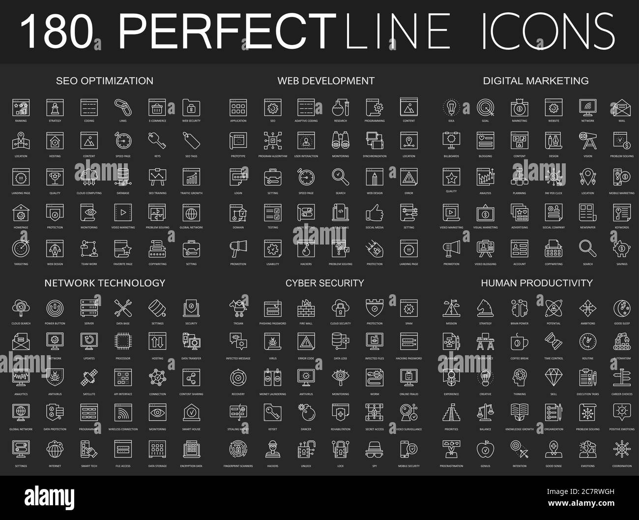 180 moderne dünne Linien-Symbole auf dunkelschwarzem Hintergrund. SEO-Optimierung, Web-Entwicklung, digitales Marketing, Netzwerktechnologie, Cyber-Sicherheit, menschliche Produktivität isoliert Stock Vektor