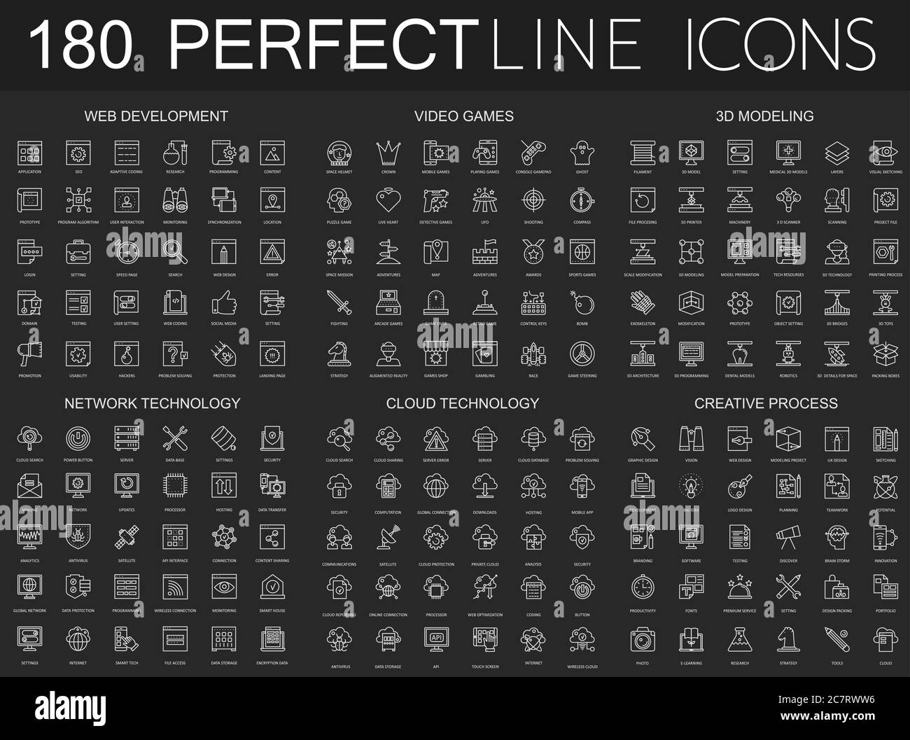 180 moderne dünne Linien-Symbole auf dunkelschwarzem Hintergrund. Web-Entwicklung, Videospiele, 3d-Modellierung, Netzwerktechnologie, Cloud-Datentechnologie, kreative Prozess isoliert Stock Vektor