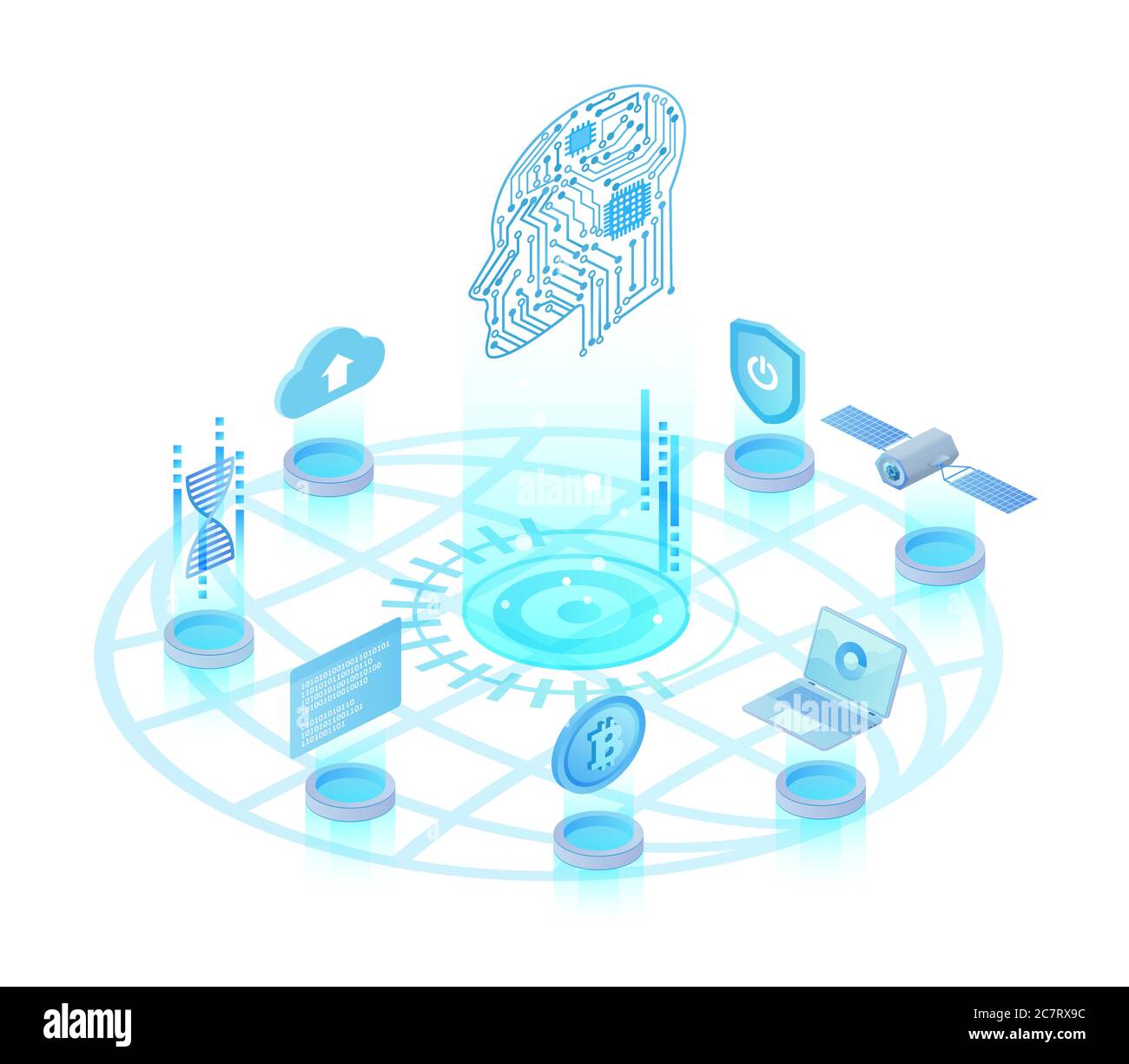 Künstliche Intelligenz Licht isometrische Vektor-Illustration. Digitale innovative Technologie. Futuristischer Roboterdenken. Vernetzung im Cyberspace. Maschinelles Lernen. AI Cartoon konzeptionelle Design-Element Stock Vektor