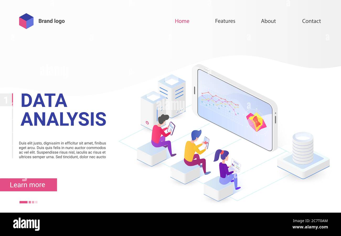 Datenanalyse und Visualisierung isometrische Landing Page Vektor Vorlage. Usability-Tests und Benutzererfahrung. Big Data, IT-Branche, Statistiken, Web-Analyse, Website-Traffic Webseite Design Layout Stock Vektor