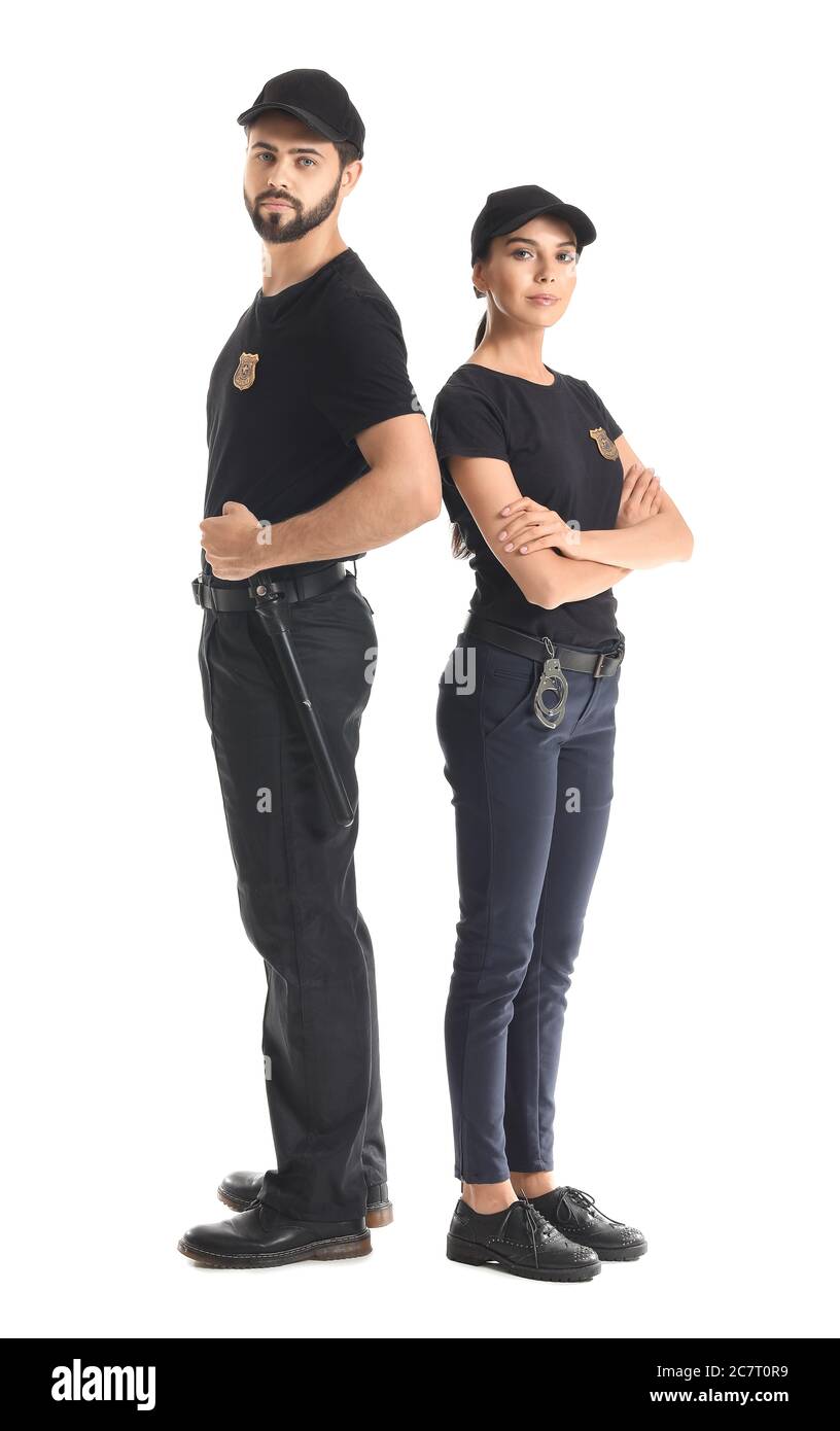Polizeibeamte auf weißem Hintergrund Stockfoto