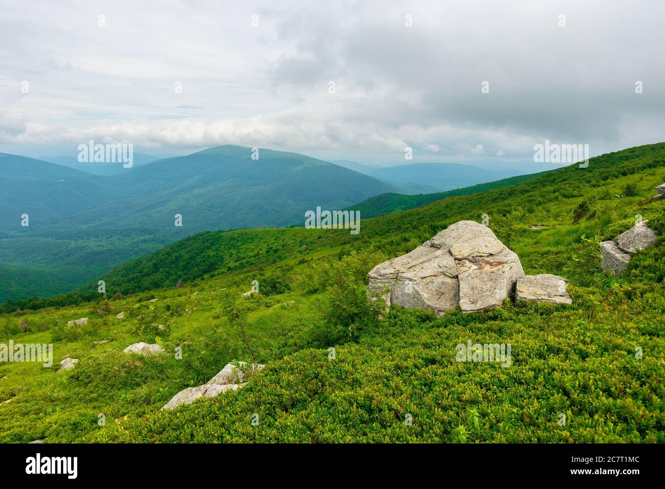 Felsbrocken auf dem alpinen Hang. Blick vom Rand eines Hügels. Schöne Sommerlandschaft in den Bergen. Bewölkt windig Wetter mit grauen Wolken auf Th Stockfoto