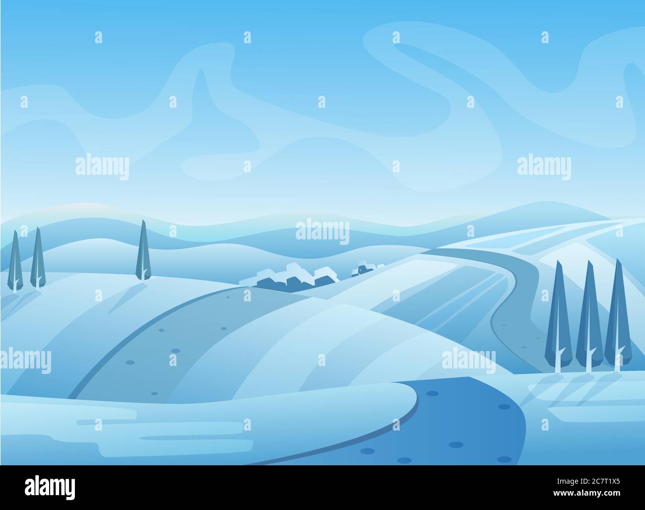 Blaue Winter Landschaft Vektorgrafik. Verschneite Hügel mit Bäumen. Straße auf Schnee. Winter, kaltes Wetter. Ländliche Gegend unter Himmel. Malerischer Hintergrund der Saison. Frostige Außenaufnahme Stock Vektor