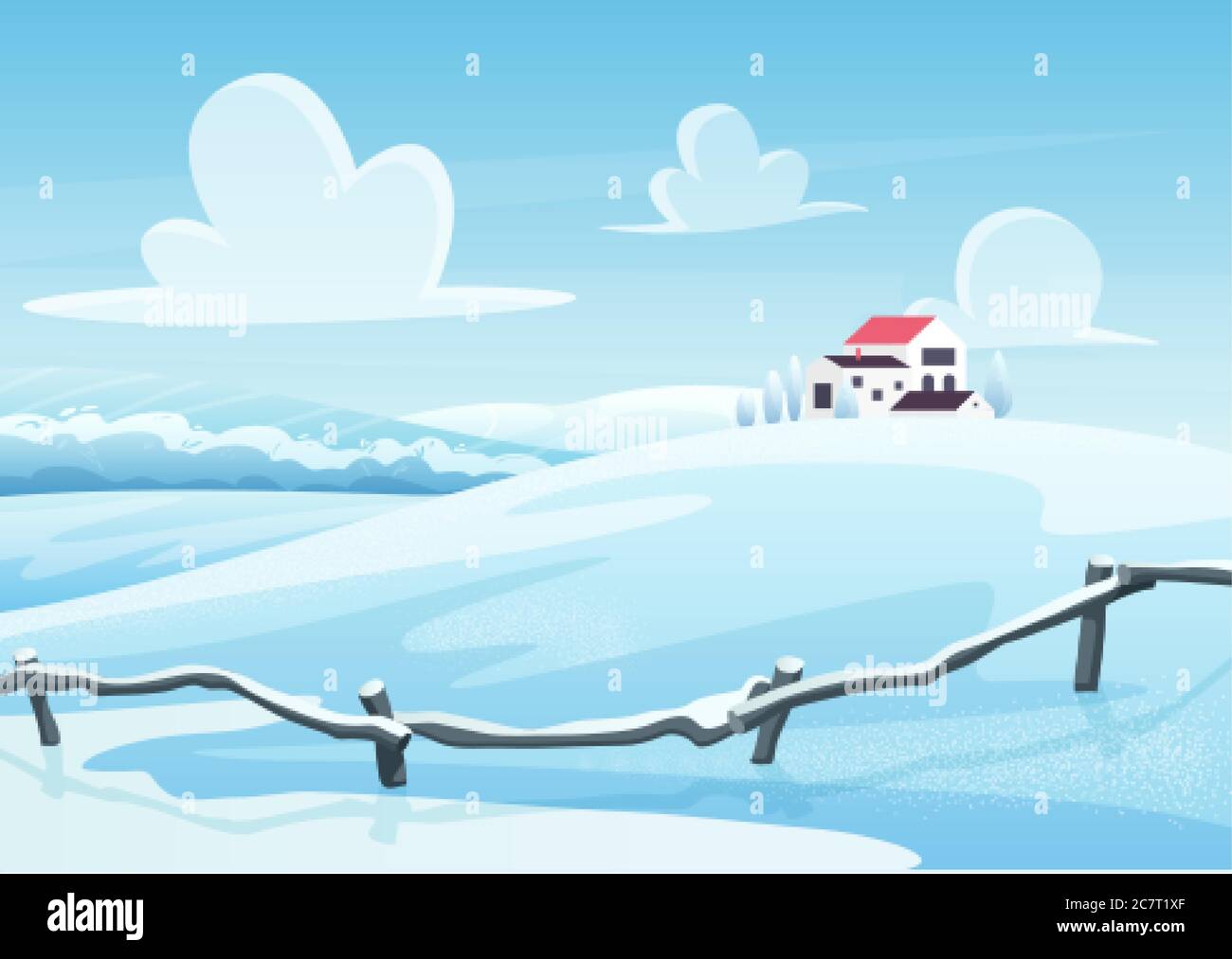Winter Landschaft Cartoon Vektor Illustration. Häuser auf verschneiten Hügel. Ländliche Gegend in kalten Tagen. Frostiger Blick auf die Natur. Landschaft im Winter. Neujahr und weihnachtskarte Design. Saisonaler Hintergrund Stock Vektor