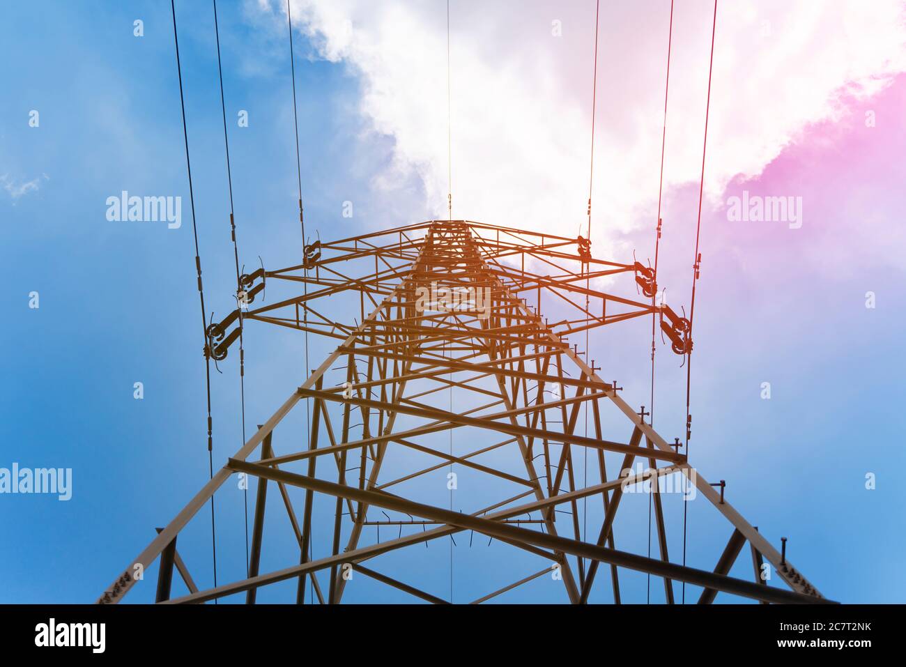 Hochspannungspost Stromleitung Elektrische Industrie Technologie Hintergrund Stockfoto