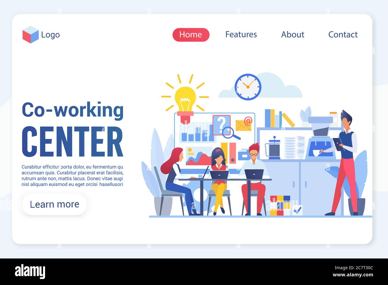 Vektorvorlage für die Zielseite für das Co-Working Center Center Center. Bürostruktur, Arbeitsplatz und Ruhezone, Mitarbeiter, Mitarbeiter ohne Gesicht Zeichen. Teamarbeit, Zusammenarbeit Web Banner Homepage Design Layout Stock Vektor