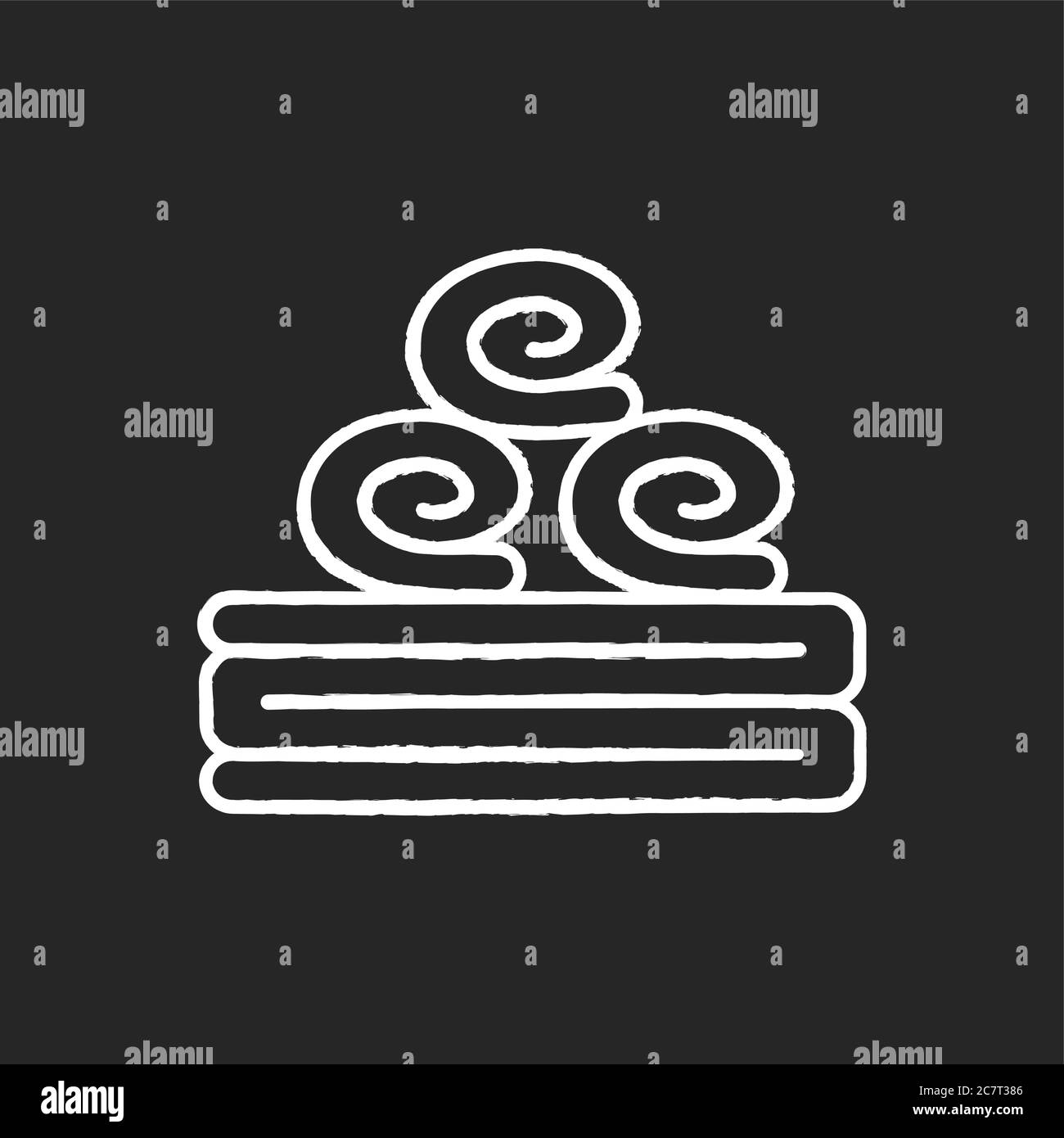 Badetücher Kreide weißes Symbol auf schwarzem Hintergrund. Persönliche Hygiene, Badehaus Entspannung. Spa Salon, Bad und Sauna Zubehör. Sauberes Tuch gestapelt Stock Vektor