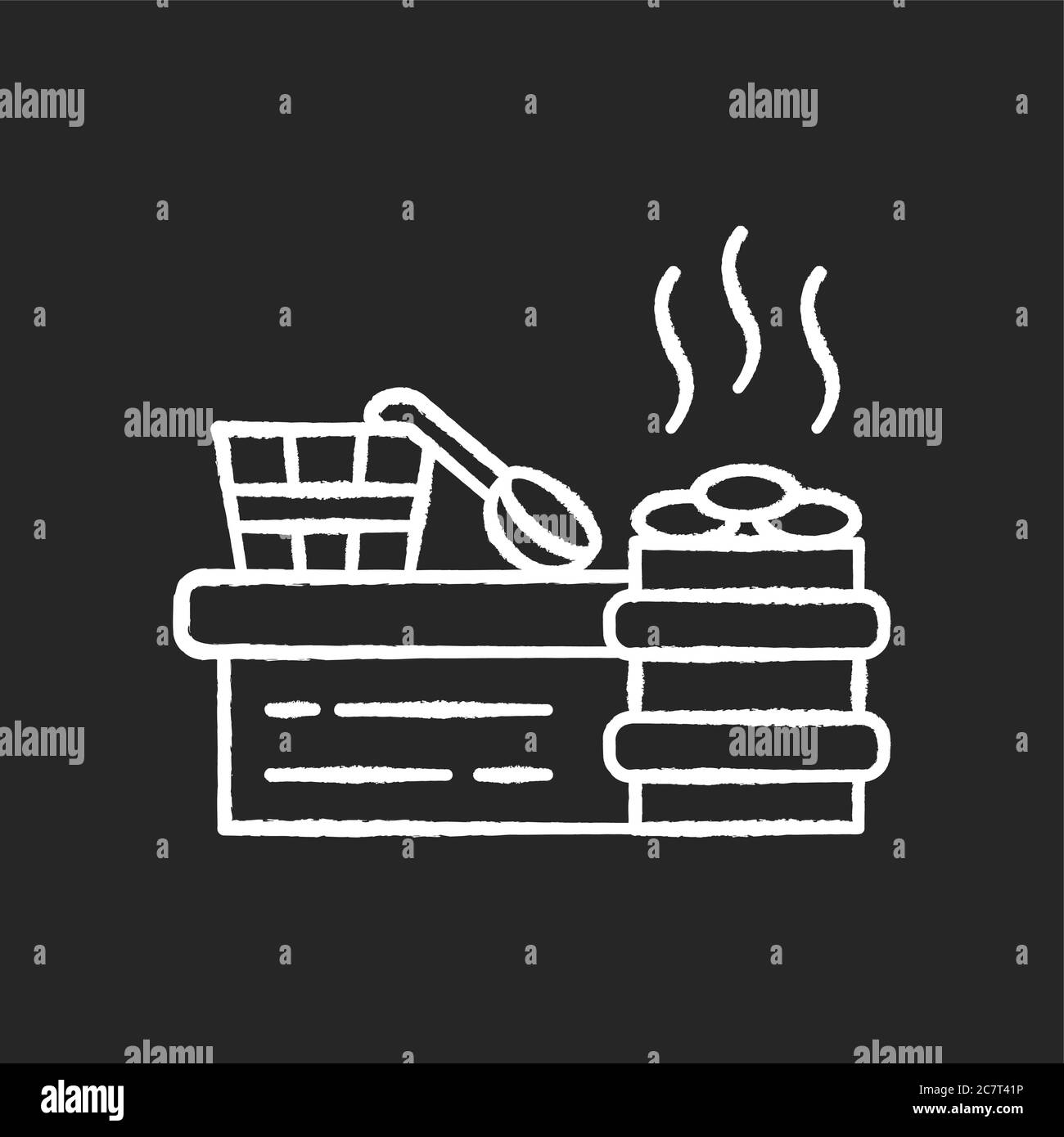 Dampfsauna Kreide weißes Symbol auf schwarzem Hintergrund. Sauna Erholung, Vaporarium. Dampfbad, Badehausgeräte. Wassereimer, Holzlöffel und heizen Stock Vektor