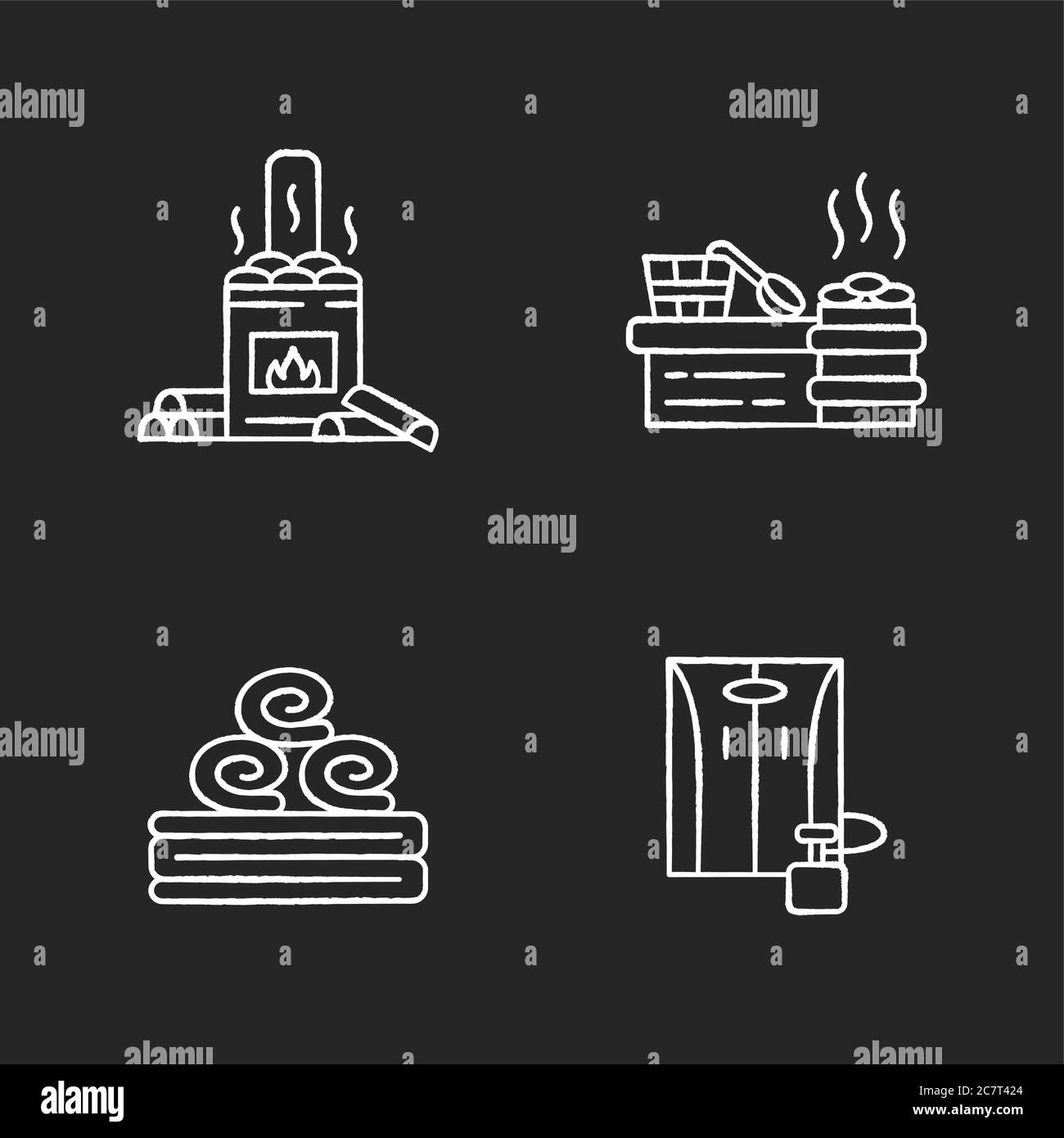 Moderne Saunen Kreide weiße Symbole auf schwarzem Hintergrund gesetzt. Holzbrand Badehaus, Vaporarium, Badetuch und tragbare Sauna. Spa-Behandlung, Therap Stock Vektor