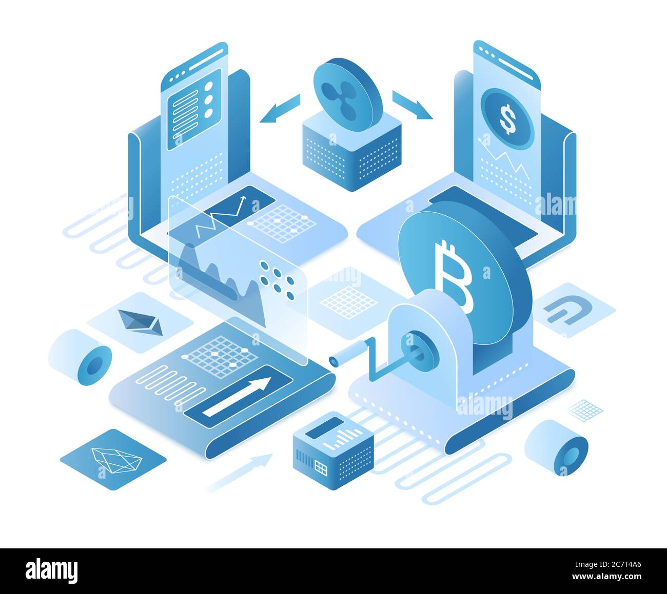 Kryptowährung Exchange Plattform isometrische Vektor-Illustration. Online-Digital-Service für Währungsanhaber. Blockchain-Technologie, Internet-Banking. Global Trading Cartoon konzeptionelles Design Element Stock Vektor