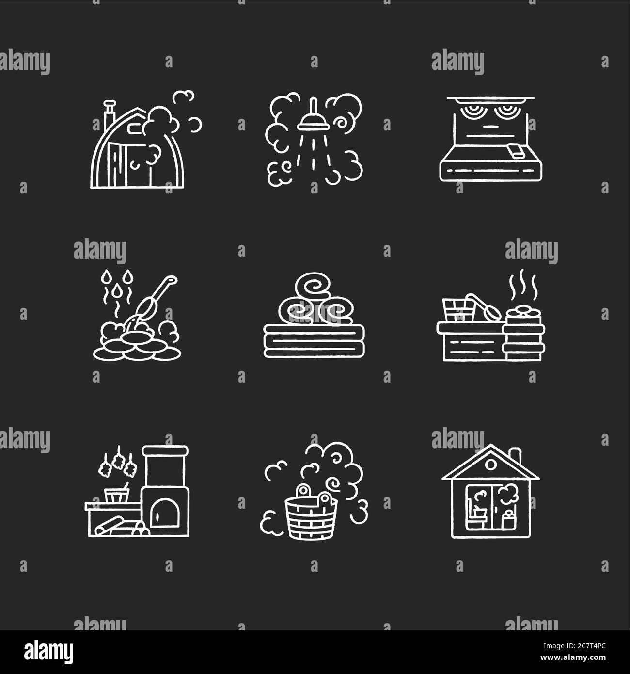 Badehaus Kreide weiße Symbole auf schwarzem Hintergrund gesetzt. Finnische Sauna, russisches Dampfbad. Gesunde Erholung, entspannender Zeitvertreib. Spa-Behandlung, Heizung Stock Vektor