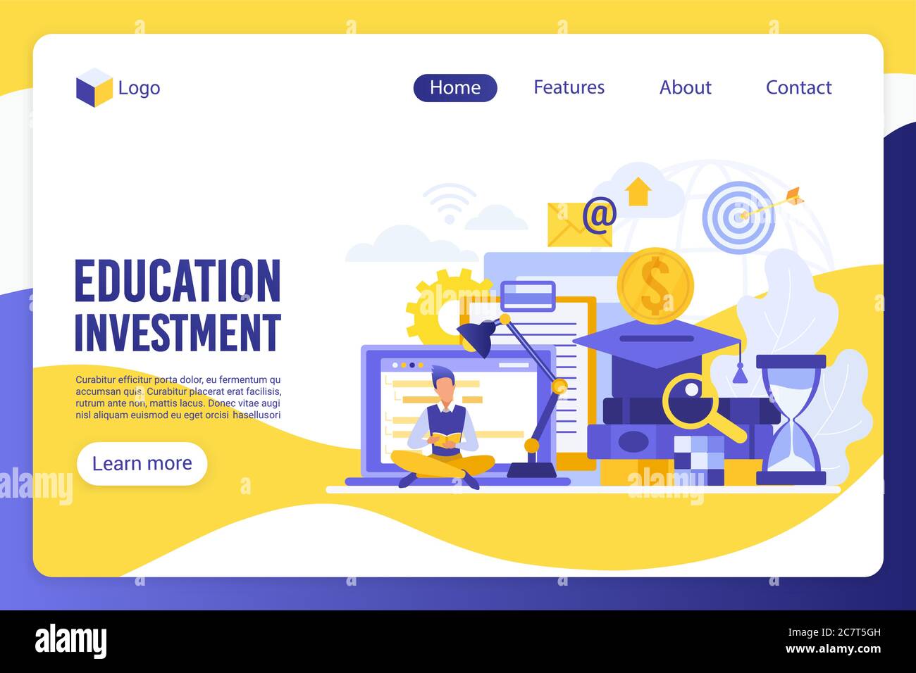 Vektorvorlage für flache Landing Page-Investitionen im Bildungsbereich. Schüler, Lernender, Mann, der Buch liest gesichtslosen Charakter. Ziel, E-Learning, Ziel erreichen Web-Banner Homepage Design Layout Stock Vektor