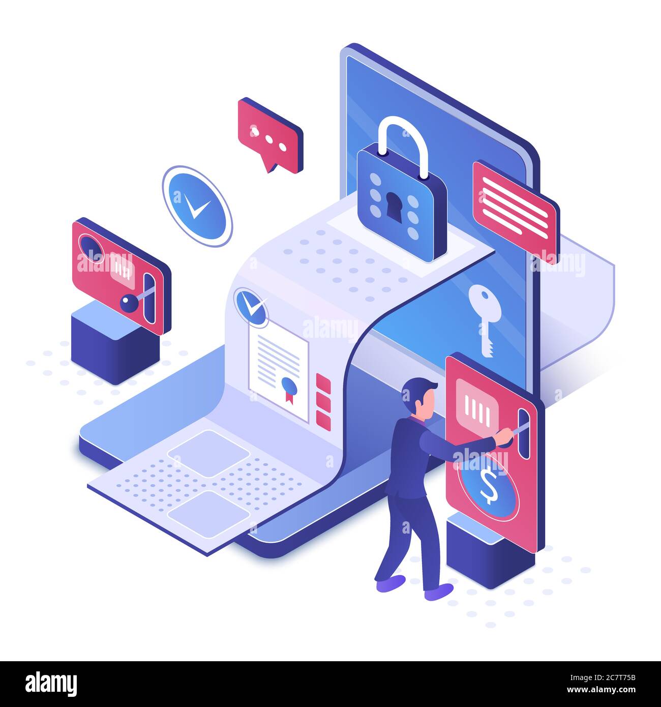 Elektronische Kontrakt isometrische Vektor-Illustration. Sicherheit von elektronischen Dokumenten. Sichere Dokumentenübertragung und -Empfang. Geschützter Zugriff auf private Quittungen. Cybersecurity Cartoon konzeptionelle Design-Element Stock Vektor