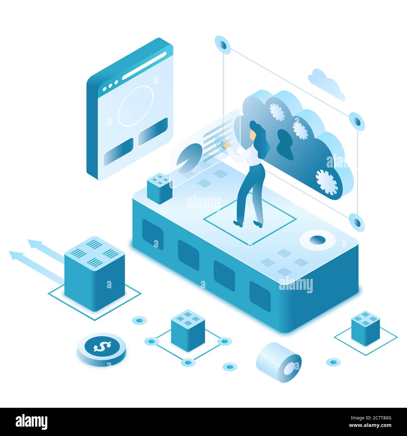 Datentransfertechnologie isometrische Vektordarstellung. Datenbanksystemverwaltung. Futuristische mechanische Technologie. Online-Cloud-Service. Virtuelle Plattform Cartoon konzeptionelle Design-Element Stock Vektor
