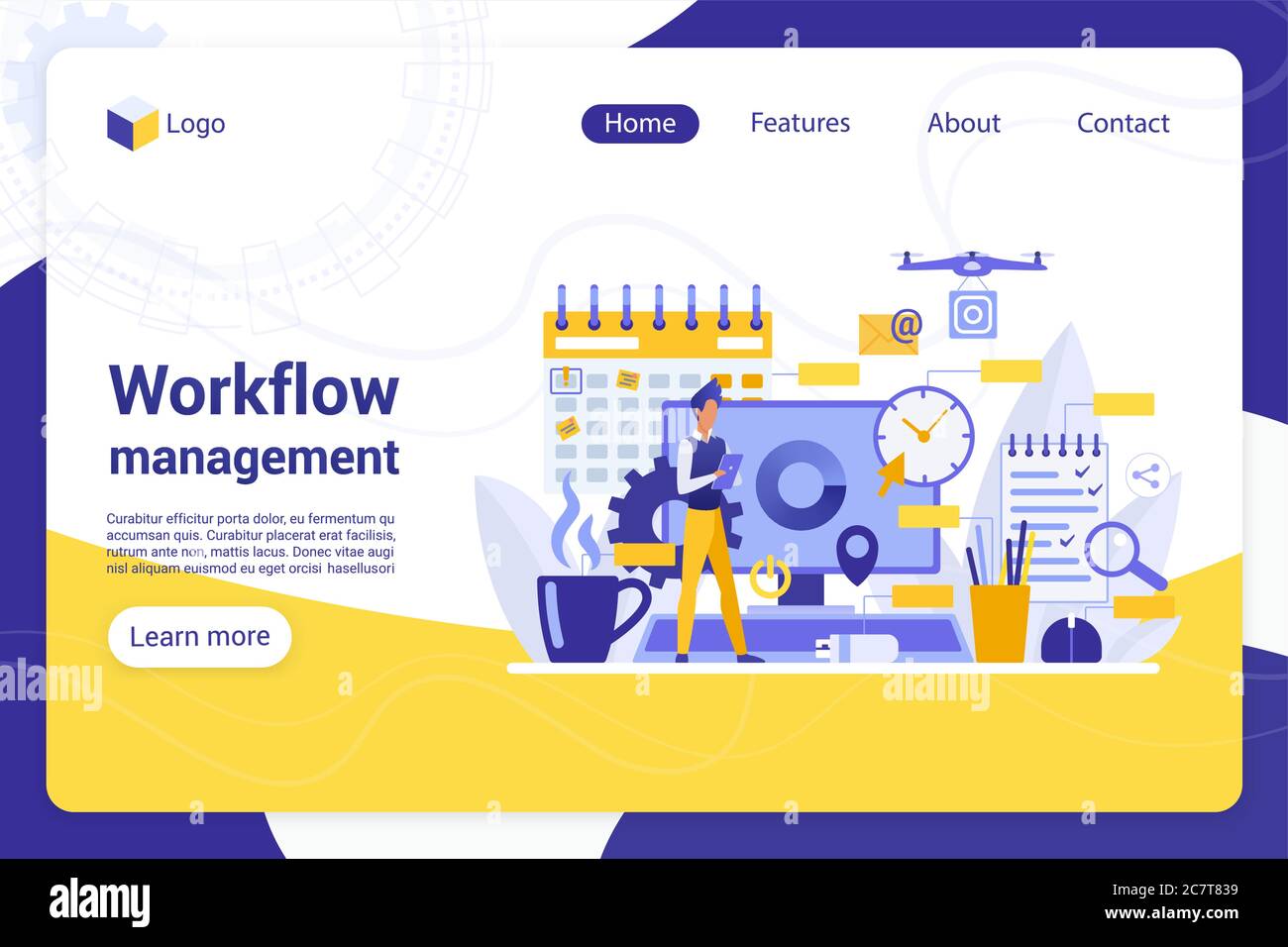 Workflow-Management flache Landing Page-Vektorvorlage. Manager, Geschäftsmann ohne Gesicht. Arbeitsprozess-Steuerung, Zeitoptimierung, Leistungsverbesserung Web-Banner Homepage Design-Layout Stock Vektor